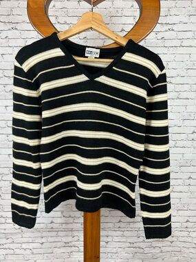 Helium | Black & Cream Striped V-Neck Sweater size L